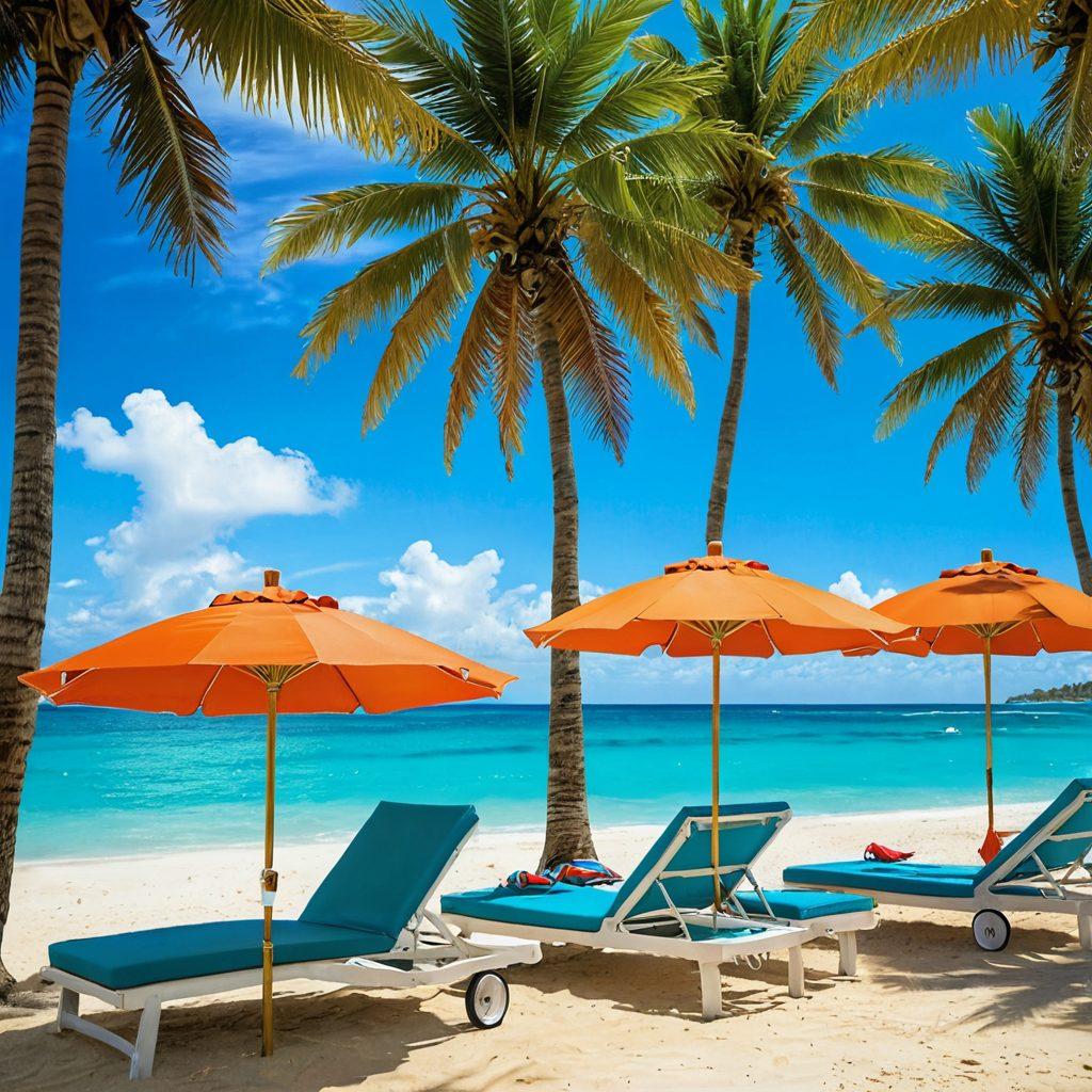 A vibrant summer scene featuring stylish men and women wearing chic resort wear, lounging on a sun-kissed beach with palm trees and turquoise waters in the background. Incorporate colorful beach umbrellas and accessories like wide-brimmed hats and sunglasses. Capturing the essence of leisure and fashion, with a warm, inviting atmosphere. super-realistic. vibrant colors. tropical island setting.