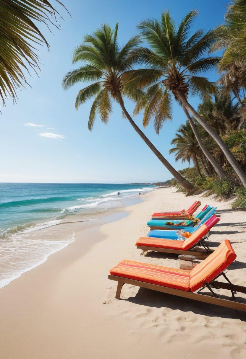 A vibrant beach scene featuring trendy swimwear styles for 2023, including bright bikinis and stylish one-pieces draped on poolside loungers and scattered along sandy shores. Palm trees sway in the background, while sunbathers and playful beachgoers add a lively atmosphere. Incorporate a clear blue sky and gentle waves lapping at the shore. super-realistic. vibrant colors. summer vibes.